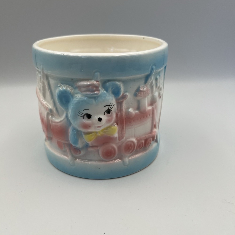 Vintage MCM Ardco Ceramic Baby Bear Train Flowers Nursery Planter Round Pastel